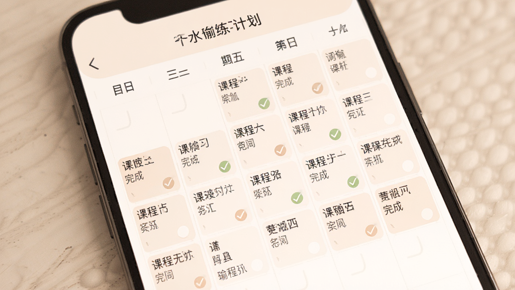 一水瑜伽个人计划页面展示,主体为手机界面中显示一周练习安排表,布局为日历式网格排版,风格柔和温暖,细节上每日格子内标注课程名称与完成打勾标记,画质高清,干净,无多余元素