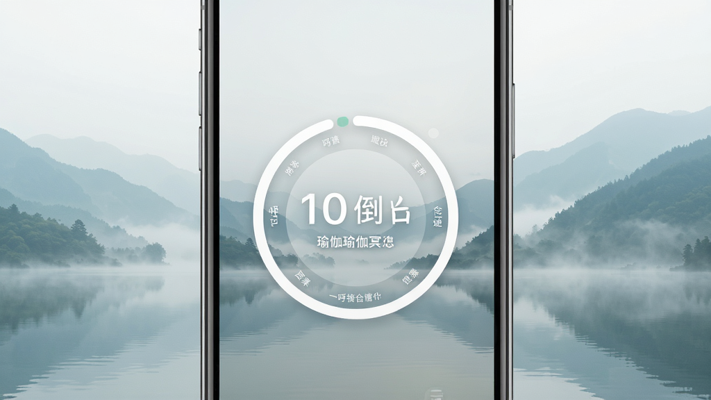 一水瑜伽冥想界面展示,主体为手机屏幕中显示冥想倒计时圆环与山水背景,布局为居中圆形构图,排版极简留白,风格宁静禅意,细节上圆环内有呼吸引导文字,画质高清,干净,无多余元素