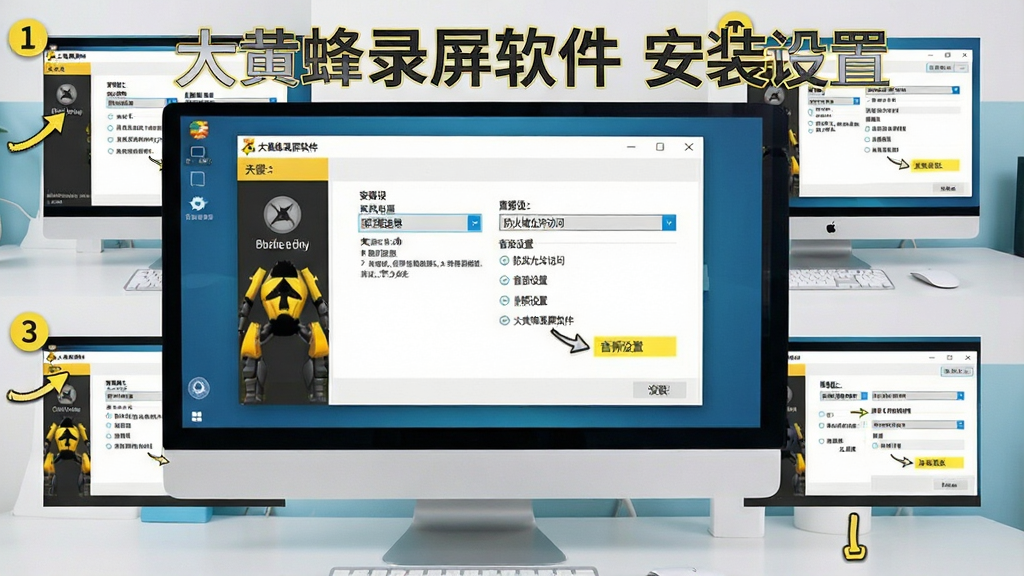 一张展示大黄蜂录屏软件安装与设置流程的示意图,画面主体是电脑屏幕上的安装向导和权限设置窗口,窗口中包含安装路径选择、防火墙允许访问、音频设置等步骤,背景为简洁的桌面环境,布局为分步截图拼接式,风格教程指引清晰,细节包括步骤编号、箭头指示、高亮标注,画质高清,画面干净,图中文字标注“大黄蜂录屏软件 安装设置”。