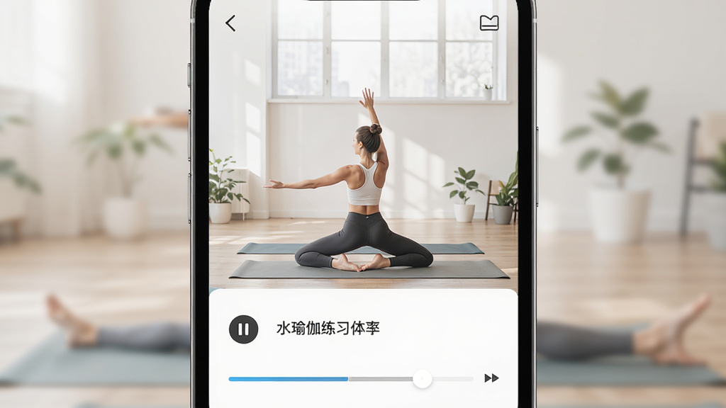 一水瑜伽练习界面操作示意图,主体为手机屏幕中显示瑜伽视频播放页与进度条,布局为竖屏全屏展示,排版简洁明了,风格清爽干净,细节上包含暂停按钮与体式名称文字,画质高清,无多余元素