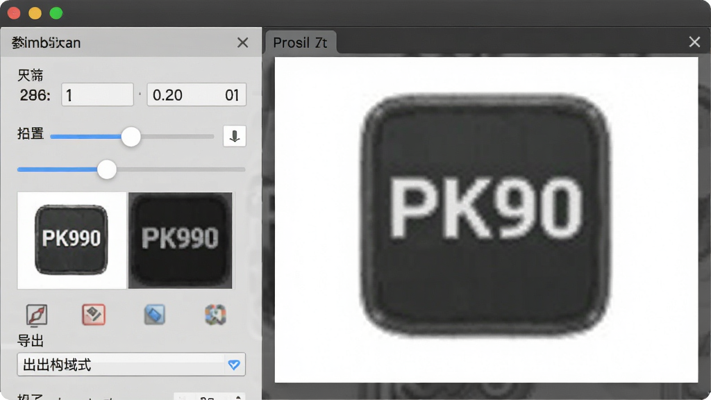 一张展示PK990图标提取尺寸设置与预览功能的图片,主体为软件界面中的尺寸调节滑块和图标预览窗口,布局为左侧参数设置面板右侧大图预览区,排版合理,风格为专业工具软件风格,细节包含尺寸数值显示、预览图标清晰度对比、导出格式下拉菜单,画质高清干净无多余元素