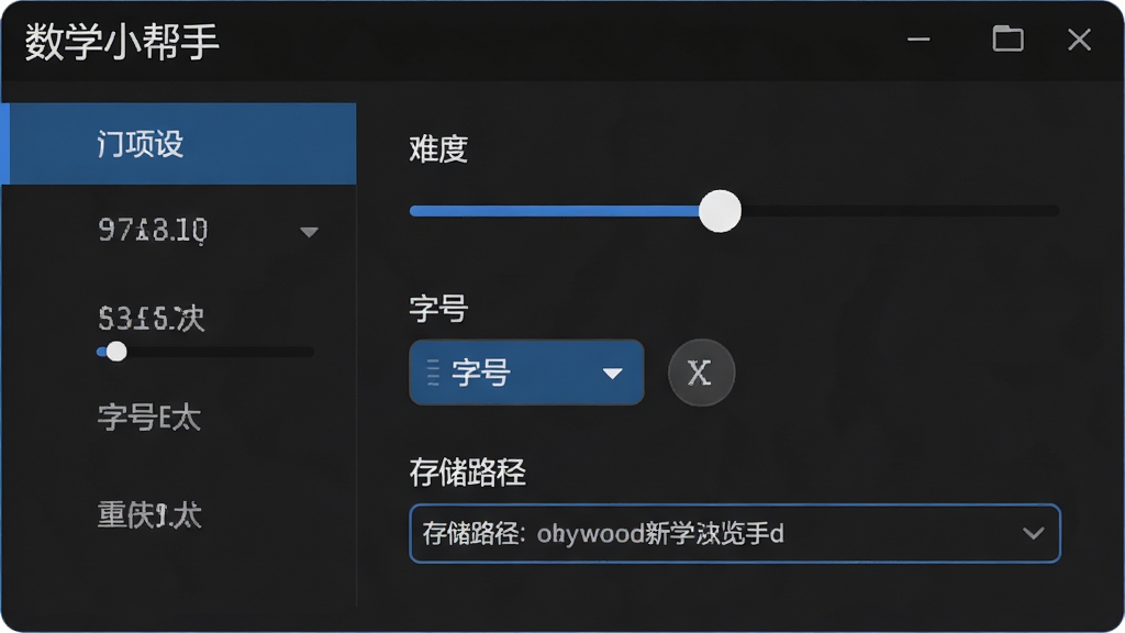 数学小帮手新手设置界面截图,主体为设置面板,布局左侧选项分类右侧具体参数,排版清晰,风格为简洁设置界面,细节包含难度滑块、字号选择按钮和存储路径浏览框,画质高清干净,画面中文字标注“数学小帮手”