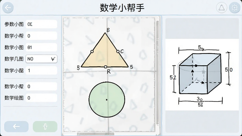 数学小帮手几何绘图界面,主体为绘图画布与控制面板,布局左侧参数输入右侧图形预览,排版左右结构,风格为教学演示风格,细节包含三角形、圆形、立方体图形和尺寸标注线,画质清晰干净,画面中文字标注“数学小帮手”