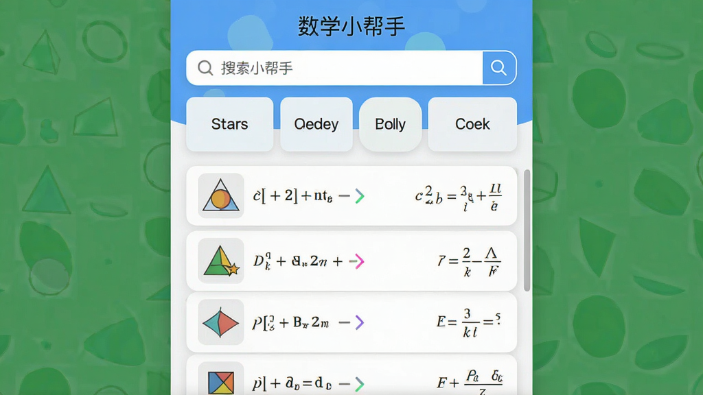 数学小帮手公式速查界面,主体为搜索框与公式列表,布局顶部搜索栏下方分类卡片,排版纵向滚动列表,风格为清爽工具类界面,细节包含几何图形缩略图、公式符号和单位换算箭头,画质高清干净,画面中文字标注“数学小帮手”
