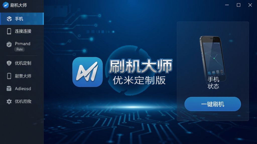 刷机大师 优米定制版软件主界面截图,画面中央展示软件Logo与“刷机大师 优米定制版”文字,背景为深蓝色科技感渐变,界面布局左侧为功能导航栏,右侧为手机连接状态与一键刷机按钮,风格简洁专业,细节清晰,画质干净,无多余元素