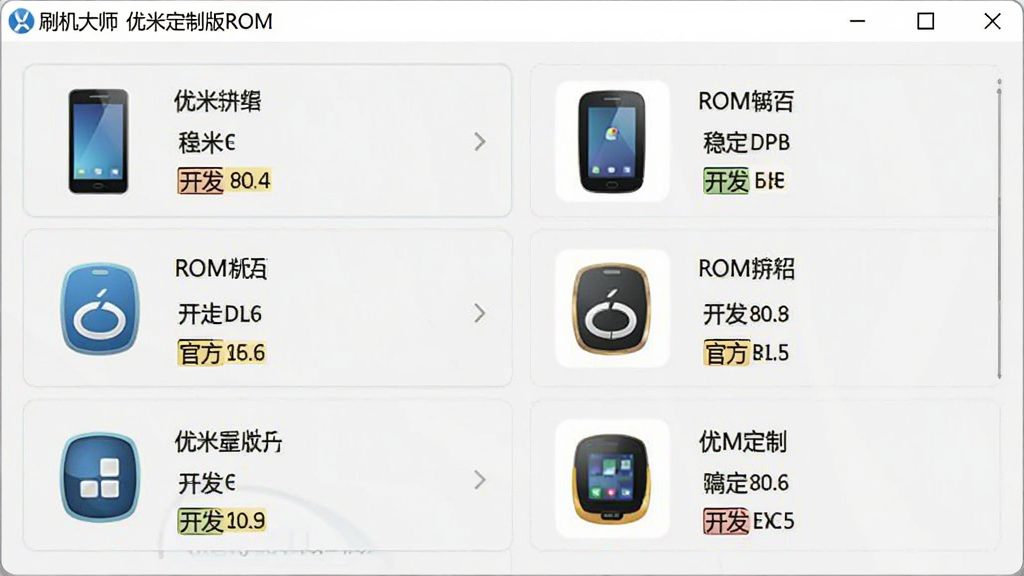 刷机大师 优米定制版ROM选择界面,画面展示软件窗口内排列着多个优米手机型号图标与对应ROM版本列表,每个条目带有“官方”“稳定”“开发”标签,背景为浅灰色,风格清爽,细节清晰,画质干净