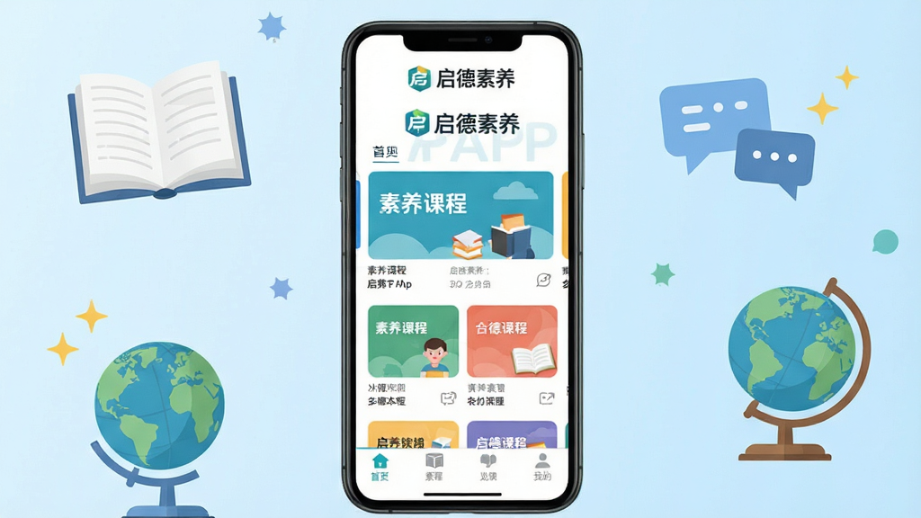 启德素养手机应用主界面展示,画面中央放置一部竖屏智能手机,屏幕内呈现启德素养APP的首页布局,包含顶部品牌标识、中部素养课程卡片、底部导航栏;背景为浅蓝色渐变,点缀书本、地球仪、对话气泡等教育元素;整体风格清新简洁,扁平化设计,画质清晰干净,无多余杂物,图片中文字标注“启德素养”