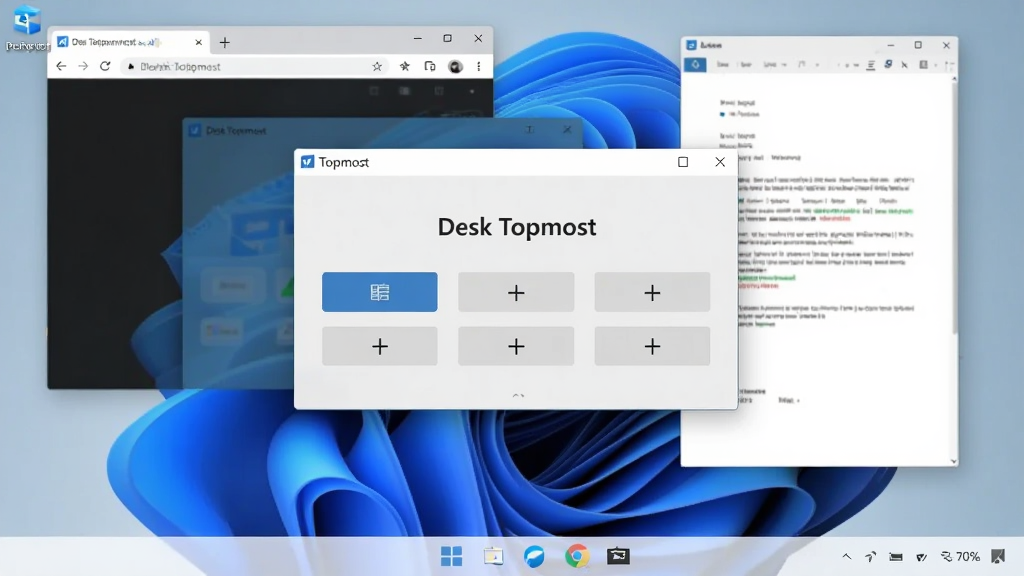 һ��չʾDesk Topmost��������ĵ��������ͼ������������һ�����Ĵ����ö�������壬������С�Desk Topmost�������ͼ����ö���ť��������Windows 11�������棬������ͬʱ������������ĵ��������ڣ�����һ�����ڱ���Ϊ�ö���ʾ����ǰ����������ɾ����࣬�����������޶���Ԫ��