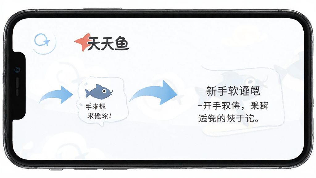 天鱼软件在新手引导页面的手机截图,画面中有步骤指示箭头和文字说明,背景为白色,风格简洁明了,画质清晰,突出天鱼名称