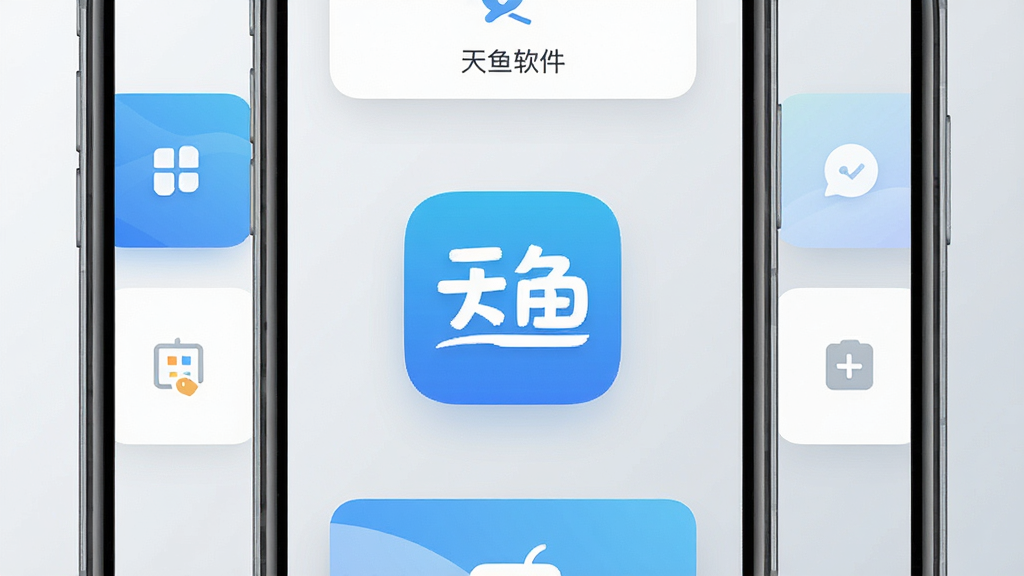 一张展示天鱼软件主界面的手机屏幕预览图,画面中央是简洁的蓝色调应用图标,周围环绕着功能模块卡片,背景为浅灰色渐变,整体风格干净清爽,画质清晰,无多余装饰元素