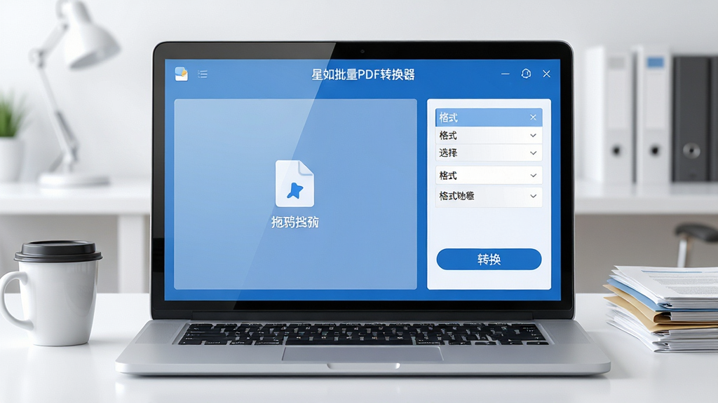 软件界面主体展示:一台现代化的笔记本电脑屏幕中央显示着“星如批量PDF转换器”的软件操作界面,界面呈现简洁的蓝色调,左侧是文件拖拽区域,右侧是格式选择与转换按钮。布局采用居中对称构图,背景是干净整洁的办公桌面,旁边放着一杯咖啡和一叠整齐的文件。风格为写实科技风,细节上注重屏幕反光与界面元素的精细度,画质清晰,画面干净,无多余杂乱元素。