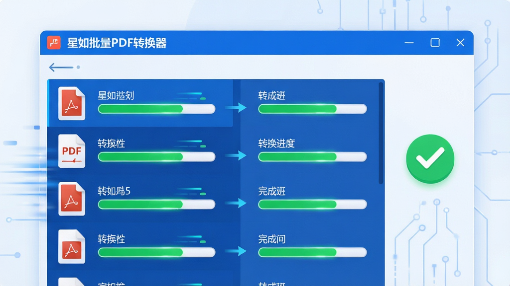 批量处理场景展示:画面中“星如批量PDF转换器”的窗口内排列着整齐的PDF文件列表,每个文件后方都有一个绿色的进度条正在快速加载。主体是软件界面的特写,布局上采用从左到右的流程示意,左侧是文件列表,中间是转换进度,右侧是完成打勾图标。风格为扁平化科技插画,细节上突出速度感与科技感,画质干净明亮,无多余元素。
