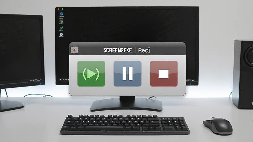 SCREEN2EXE软件主界面截图,画面中央是简洁的录制控制面板,包含开始录制、暂停、停止等按钮,背景为浅灰色桌面环境,四周摆放着显示器、键盘和鼠标,画面风格为写实科技风,细节清晰,画质高清,干净整洁,无多余元素