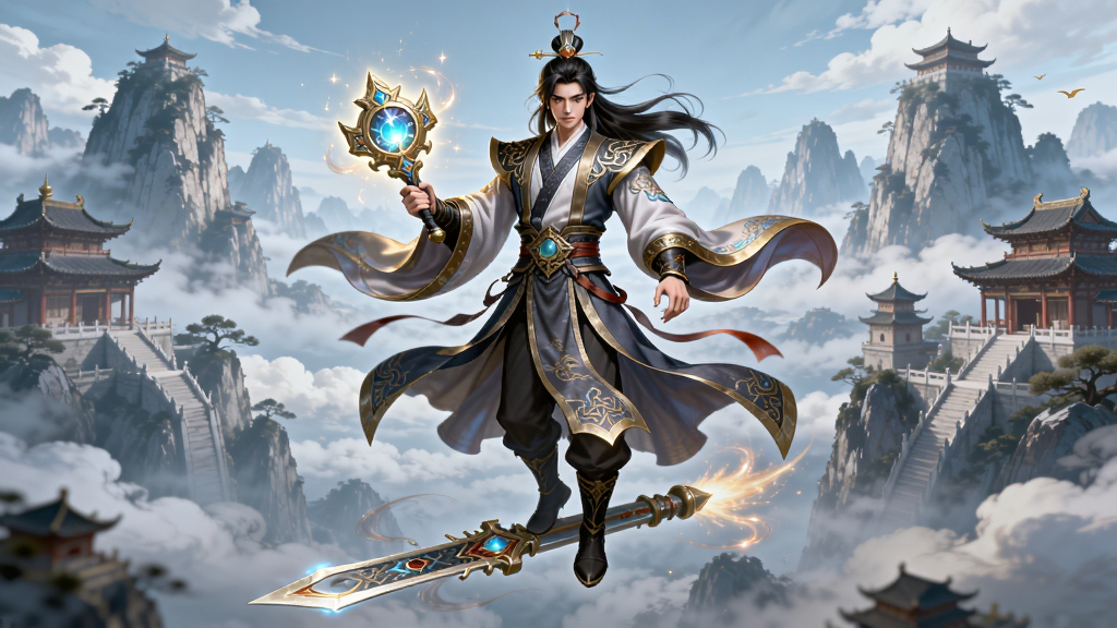寻仙2游戏主视觉图,画面中央是一位身穿华丽仙侠服饰的修仙者,手持发光法宝,脚踏飞剑悬浮于云海之上,背景是层峦叠嶂的仙山与古典建筑群,画面布局采用中心对称构图,风格为国风仙侠CG插画,细节上突出法宝的光效与服饰的纹理,画质高清,干净,无多余元素