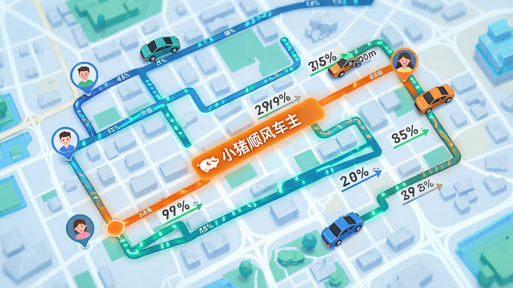 画面采用俯视角度,展示一张城市地图,地图上有多条彩色路线,其中一条高亮显示为“小猪顺风车主”推荐的最优顺路路线。地图上分布着几个乘客头像图标和车辆图标,路线旁边有百分比匹配度标识。整体风格为现代科技插画,色彩以蓝色、绿色和橙色点缀,画面干净整洁,4K画质,无多余文字和杂乱元素。