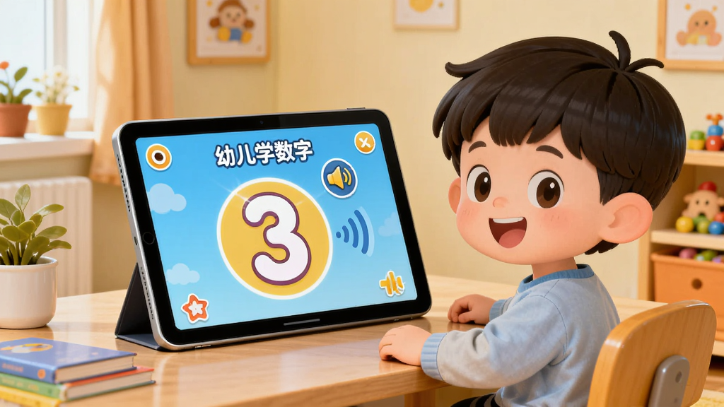 画面展示一个卡通小男孩坐在书桌前,面前平板电脑屏幕上显示“幼儿学数字”软件界面,数字3被高亮显示,旁边有发音喇叭图标和声波图形,背景是温馨的儿童房,布局简洁,风格卡通温馨,细节丰富,画质高清,干净无多余元素