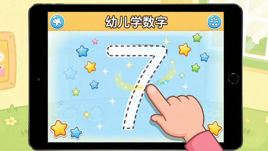 画面展示平板电脑屏幕上“幼儿学数字”软件的描红练习界面,数字7以虚线形式呈现,一个卡通小女孩的手指正沿着虚线描写,屏幕上有星星奖励特效,背景简洁明亮,风格卡通教育,细节清晰,画质高清,干净无多余元素