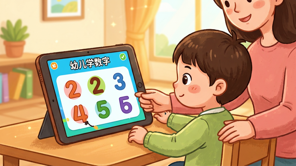 一张卡通风格的儿童使用平板电脑学习数字的场景图,画面中“幼儿学数字”软件显示在屏幕上,一个小朋友坐在桌前认真跟读数字,旁边有家长陪伴指导,背景温馨明亮,风格卡通教育,布局合理,细节丰富,画质高清,干净无多余元素