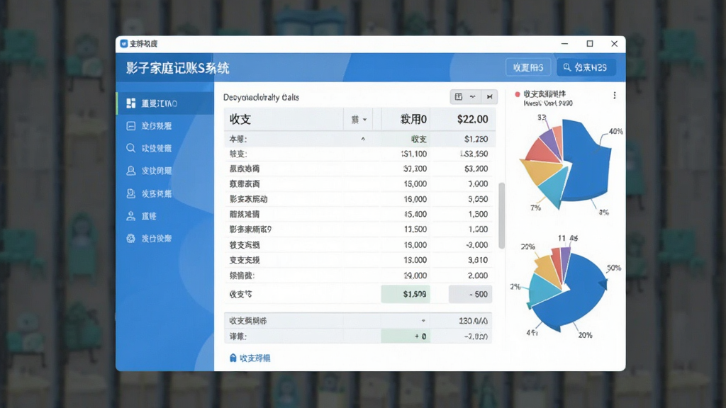 软件主界面全景展示,画面中央是影子家庭记账系统的主窗口,左侧为功能导航栏,右侧显示收支明细表格和饼状图统计,整体布局清晰,风格简洁现代,色彩以蓝白为主,画面干净无多余元素,高画质,软件界面截图风格