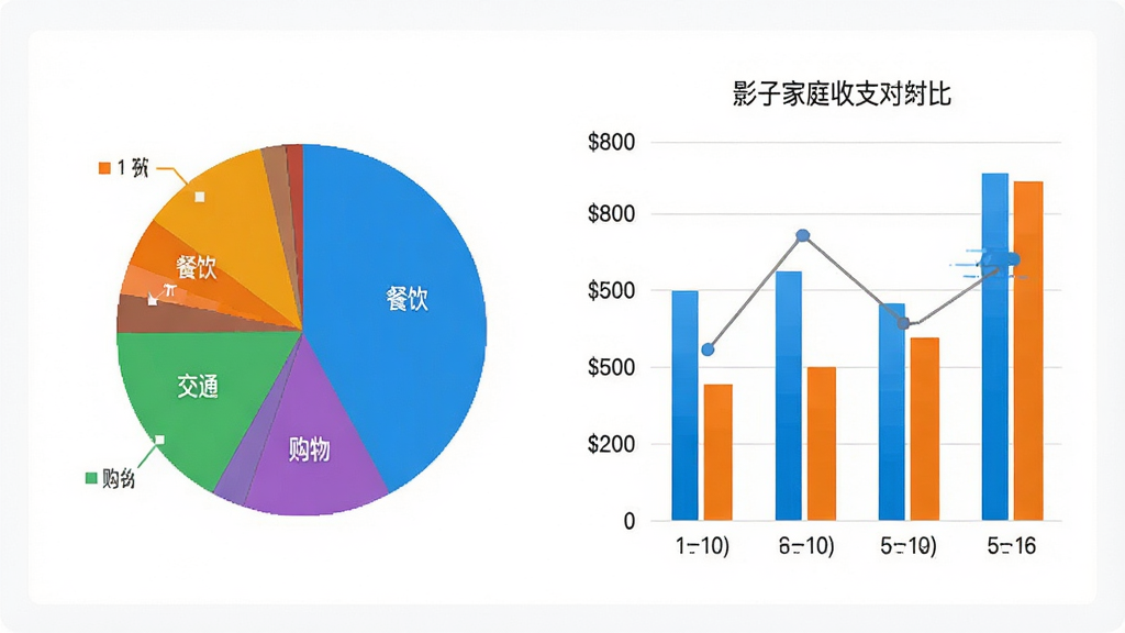 影子家庭记账系统统计图表页面,画面中央展示一个彩色饼状图和一个柱状图,饼状图标注“餐饮”“交通”“购物”等分类,柱状图展示近六个月收支对比,背景为白色,整体风格简约商务,布局清晰,高画质,无多余元素