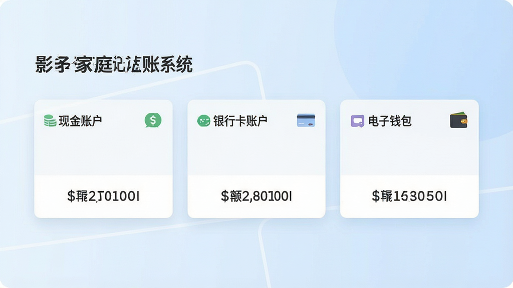 影子家庭记账系统多账户管理界面,画面中展示三个账户卡片并排排列,分别标注“现金账户”“银行卡账户”“电子钱包”,每个卡片下方显示余额数字,背景为淡蓝色渐变,整体风格清爽商务,布局整齐,高画质,干净无多余元素