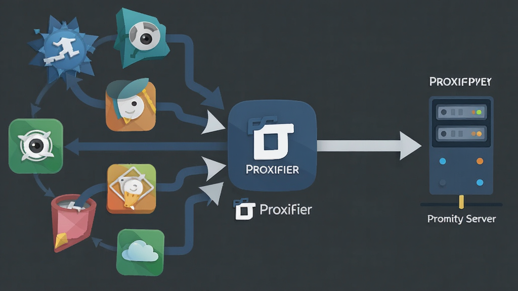 Proxifier强制代理功能概念图,主体为多个应用程序图标通过箭头汇聚到Proxifier中心节点,再统一指向代理服务器,布局为左右对称的流程图样式,风格为简洁商务扁平插画,细节包括不同颜色的应用图标、方向箭头、服务器图标,画质高清,干净无多余元素,图中标注文字