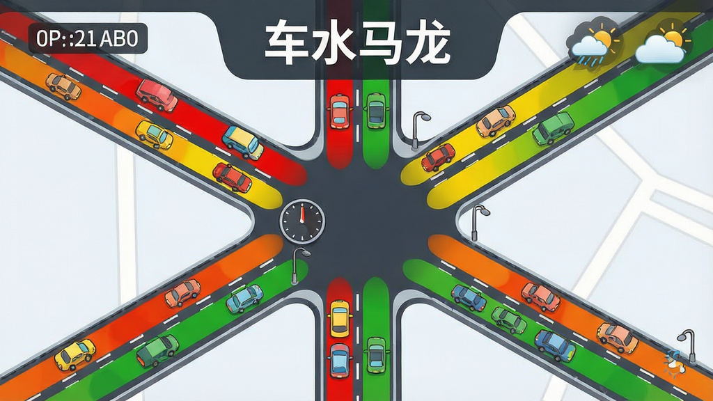 一张城市道路交通实时监控风格的信息图,标题位置写着