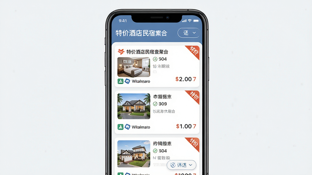 一张展示特价酒店民宿查询聚合搜索功能的图片,主体是手机屏幕中多个平台房源信息汇聚在一个列表,布局为手机界面展示,排版信息密集但清晰,风格为扁平化设计,细节包括平台来源图标、价格数字、特价角标、筛选按钮,画质高清,干净,无多余元素