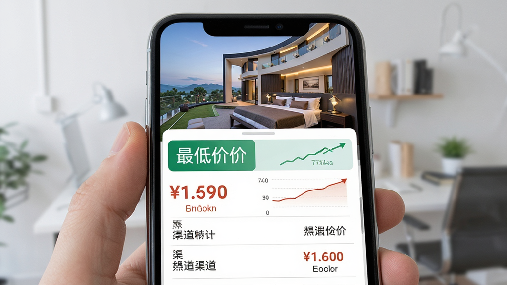 一张展示特价酒店民宿查询价格对比功能的图片,主体是手机屏幕中同一酒店不同渠道价格对比图表,布局为上下结构,上方酒店图片下方价格列表,排版清晰直观,风格为现代商务风,细节包括最低价高亮、价格走势小图、渠道名称,画质高清,干净,无多余元素