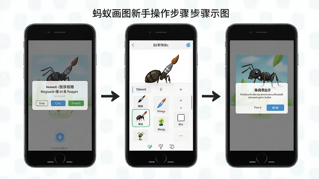 一张展示蚂蚁画图新手操作步骤的示意图,画面分为三个并列的手机屏幕截图,第一屏显示安装权限请求界面,第二屏展示画笔选择面板,第三屏呈现作品导出保存对话框,每个界面配以简洁的箭头标注操作顺序,整体风格清新明快,画质清晰,画面干净,无多余元素
