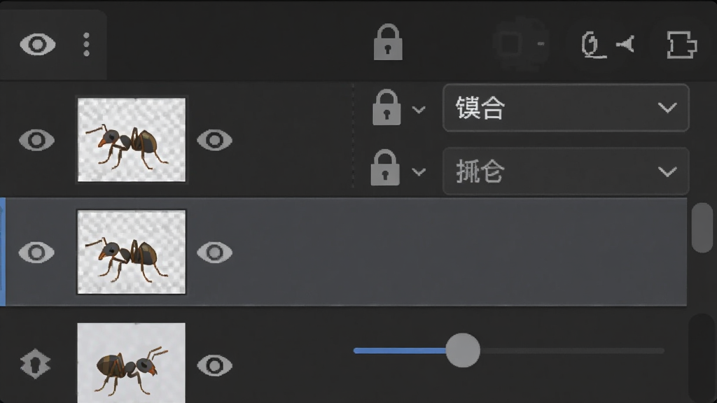 蚂蚁画图软件的图层面板操作界面展示,画面中显示多个图层缩略图,每个图层旁有可见性图标、锁定图标和混合模式下拉菜单,其中一个图层正在调整不透明度滑块,背景为深色界面,突出图层面板的层次感和专业性,画质清晰,画面干净,无多余元素