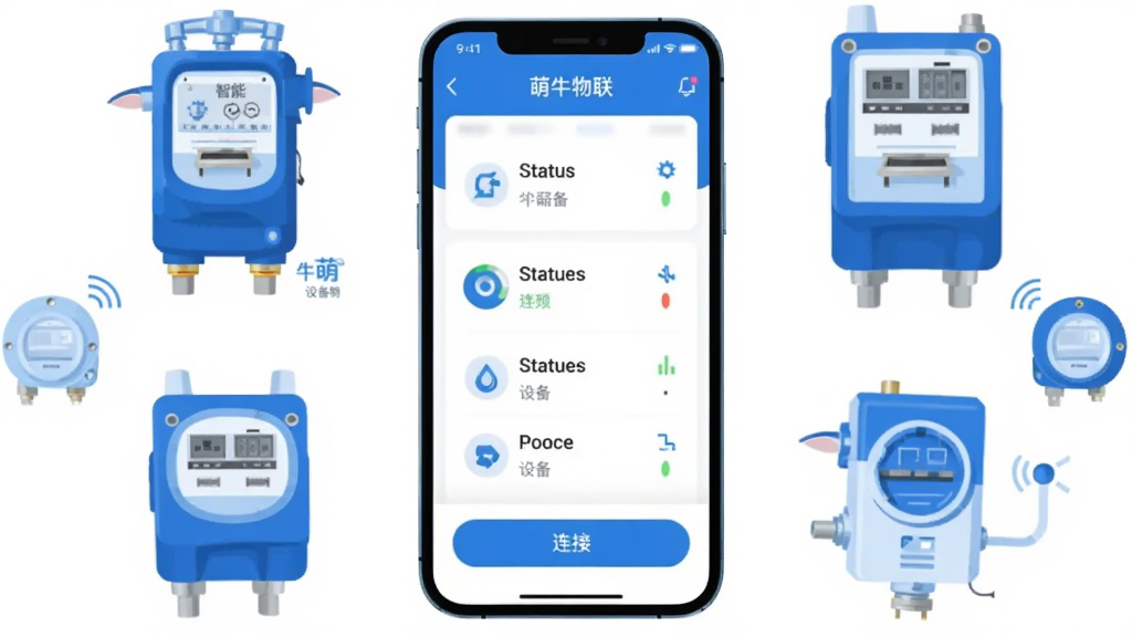 整体画面以科技蓝和白色为主色调,中心位置展示一部智能手机,手机屏幕内呈现萌牛物联应用的主界面,界面中包含设备列表、状态图标和连接按钮,手机周围环绕着智能水表、电表、传感器等物联网设备图标,采用扁平化插画风格,细节清晰,画质干净,无多余元素,画面中文字标注
