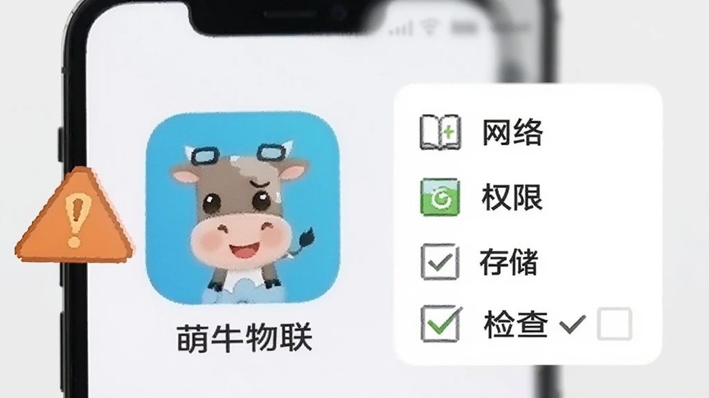 画面展示一部手机屏幕出现萌牛物联应用图标,旁边有警示图标和检查清单,清单上列出网络、权限、存储等检查项,背景为浅灰色,扁平化信息图风格,细节清晰,画质干净,无多余元素,画面中文字标注