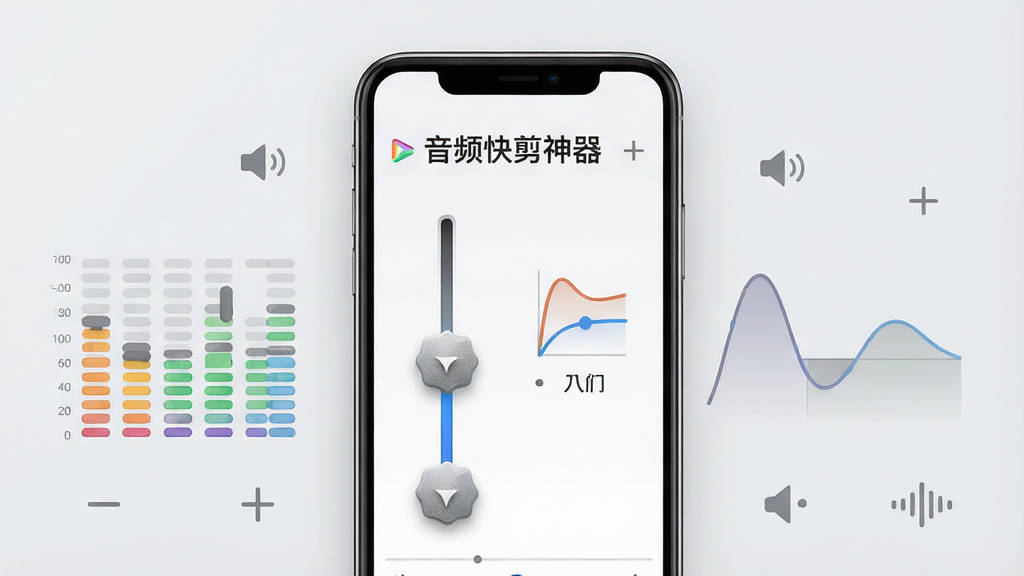一张“音频快剪神器”功能演示图,画面中手机屏幕显示音量调节滑块和淡入淡出曲线图标,左侧是音量柱状图,右侧是平滑的音频波形曲线,背景为浅灰色极简风格,布局上手机居中,周围有音量加减符号和波形图标点缀,风格清爽干净,细节上滑块质感细腻、曲线平滑,画质高清,干净,无多余元素