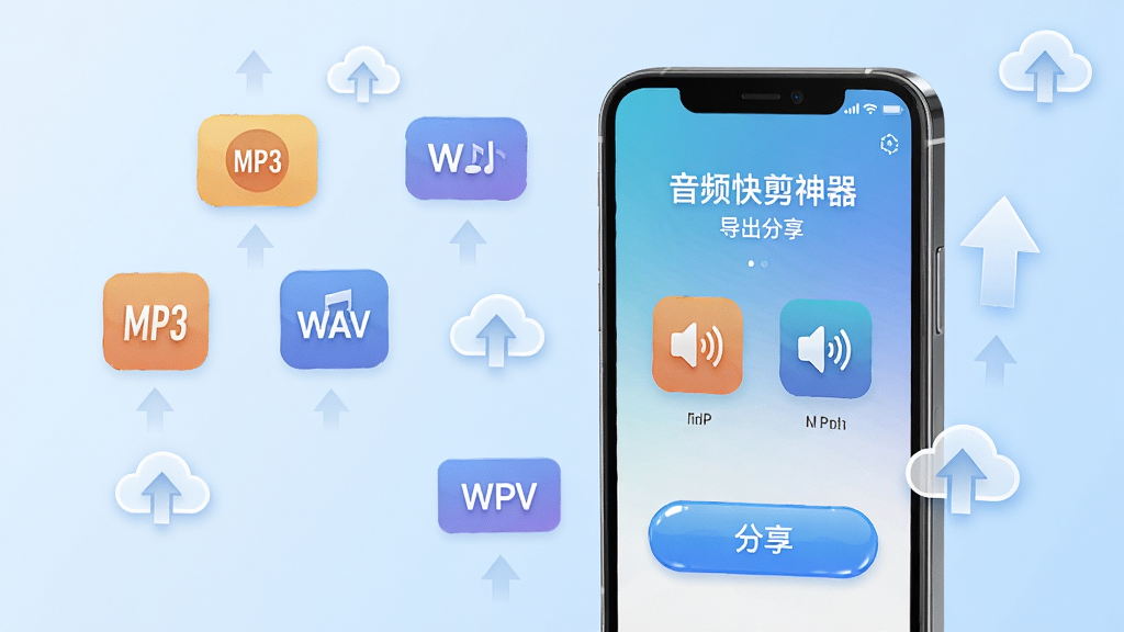 一部手机屏幕上显示“音频快剪神器”的导出分享界面,画面中有多个音频格式图标和分享按钮,手机周围环绕着MP3、WAV等格式标签和上传箭头,背景为淡蓝色渐变,布局上手机居中偏右,左侧留白展示格式图标,风格现代简约,细节上图标清晰、按钮有光泽感,画质高清,干净,无多余元素