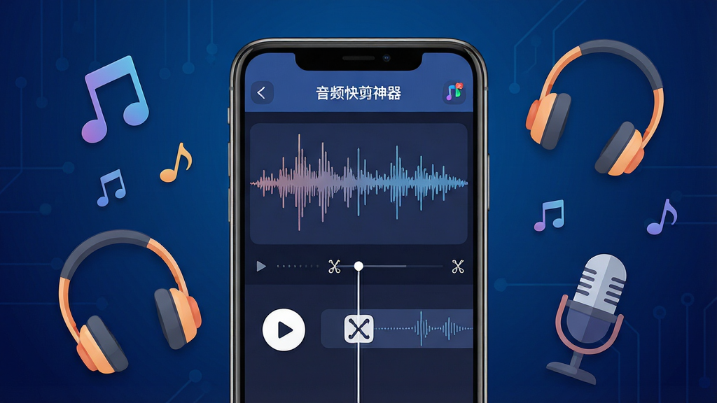 一张展示“音频快剪神器”手机应用主界面的场景图,画面中央是一部竖屏智能手机,屏幕上显示音频波形剪辑界面,有播放按钮、时间轴、剪切标记,手机周围环绕着音符、耳机、麦克风等音频元素,背景为深蓝色渐变科技风格,布局上手机居中突出,排版简洁清晰,风格现代扁平化,细节上波形线条细腻、图标圆润,画质高清,干净,无多余元素