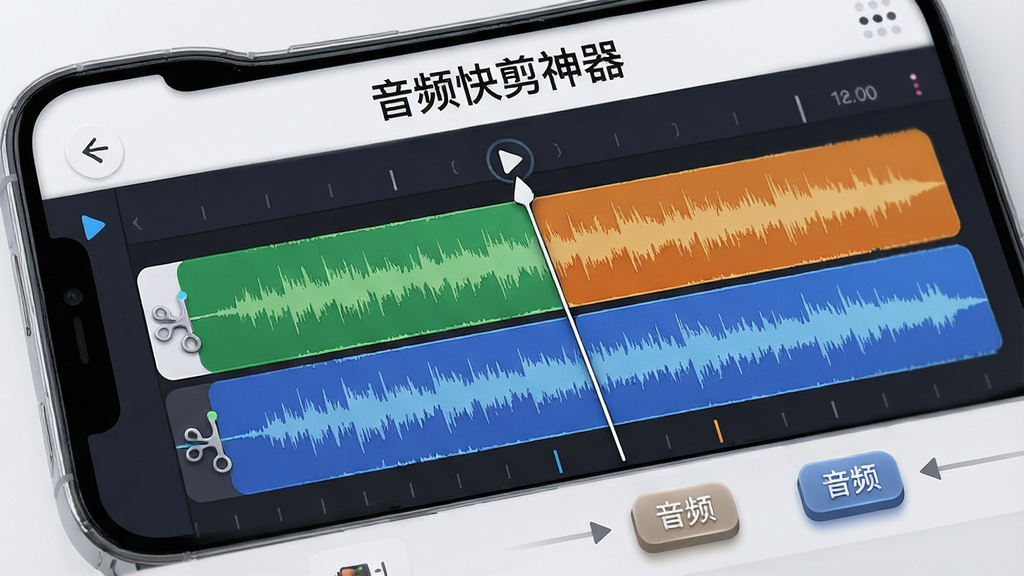 一款名为“音频快剪神器”的手机应用界面特写,画面展示音频波形编辑区,两条不同颜色的音频轨道正在被拼接,时间轴上带有剪切标记和播放指针,屏幕上方显示“音频快剪神器”字样,整体布局为手机横屏展示,风格简洁科技感,细节上波形纹理清晰、按钮立体感强,画质高清,干净,无多余元素