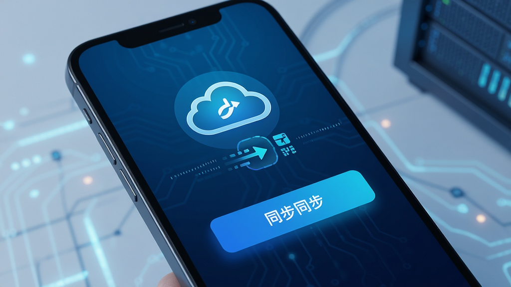 纪念计时数据备份与同步功能界面,手机屏幕显示云同步图标和数据传输动画,背景为科技感蓝色调,布局居中突出同步按钮,风格现代简洁,画质高清干净