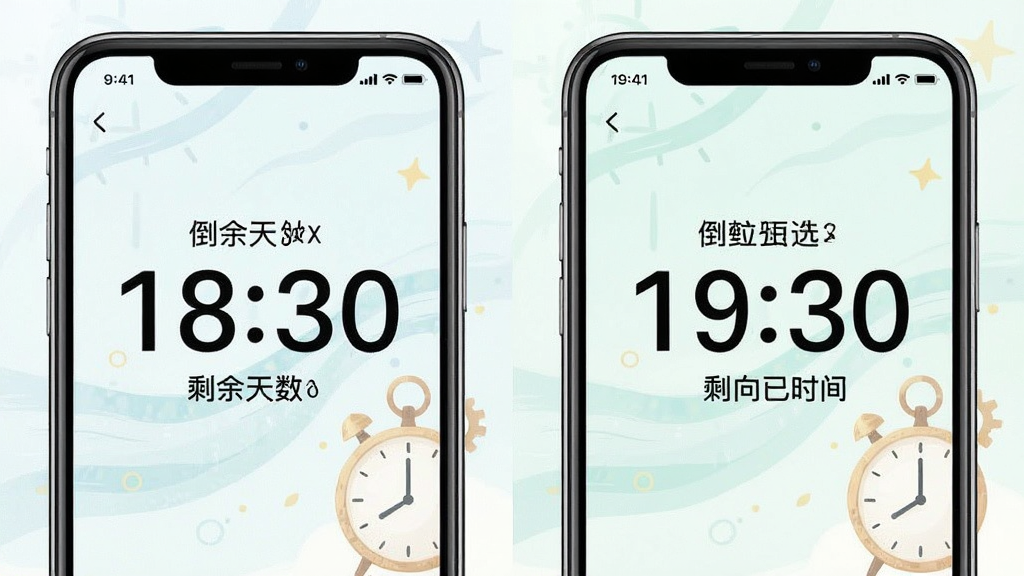 纪念计时软件中倒计时与正计时功能界面,手机屏幕左右分屏展示两种模式,左侧显示倒计时剩余天数大字,右侧显示正计时已过时间,界面配色清新,背景有淡雅的时间流逝插画元素,风格简约现代,画质清晰干净