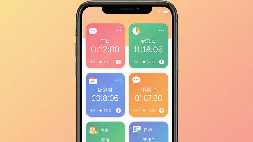 纪念计时安卓版软件主界面展示,画面中央是手机屏幕,屏幕上显示多个彩色倒计时卡片,分别标注生日、纪念日、考试倒计时等标签,背景为柔和的渐变暖色调,整体布局简洁清晰,风格现代扁平化,细节上卡片带有圆角和小图标,画质高清干净无多余元素