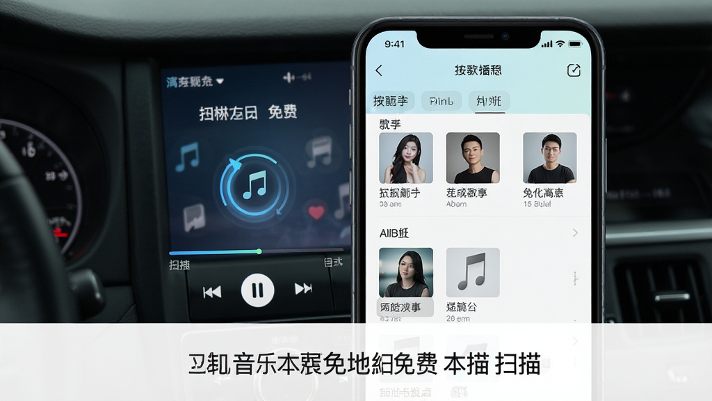 一张展示汽车音乐播放免费本地扫描功能的预览图,画面中是一个手机界面,屏幕上显示着汽车音乐播放免费正在扫描本地音乐文件的进度条,扫描完成后显示按歌手和专辑分类的音乐列表,布局清晰,排版规整,风格为清新浅色系,细节包括扫描动画和分类标签,画质高清,画面干净,无多余元素。