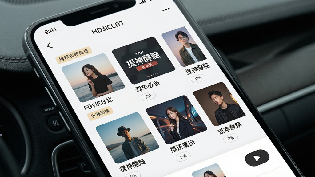 一张展示汽车音乐播放免费个性化推荐界面的预览图,画面中是一个手机屏幕,屏幕上显示着汽车音乐播放免费的推荐歌单页面,包含多个歌单封面和标题,如驾车必备、提神醒脑等,布局整齐,排版美观,风格为清爽素雅风格,细节包括推荐标签和播放按钮,画质高清,画面干净,无多余元素。