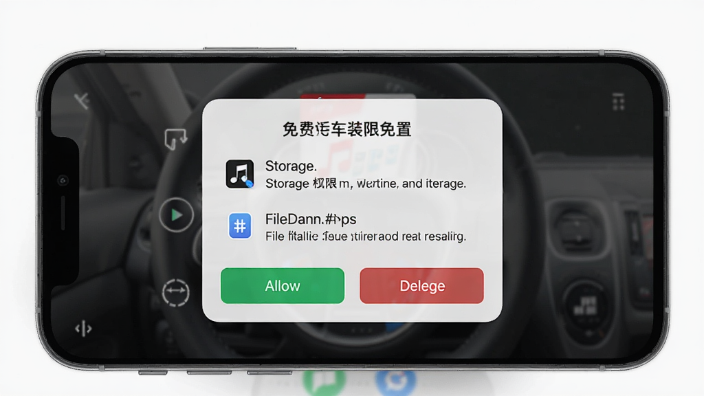 一张展示汽车音乐播放免费安装权限设置的预览图,画面中是一个手机屏幕,屏幕上显示着汽车音乐播放免费的权限请求弹窗,包括存储权限和文件访问权限,旁边有允许和拒绝按钮,布局清晰,排版规整,风格为浅灰质感设计,细节包括权限说明文字和图标,画质高清,画面干净,无多余元素。