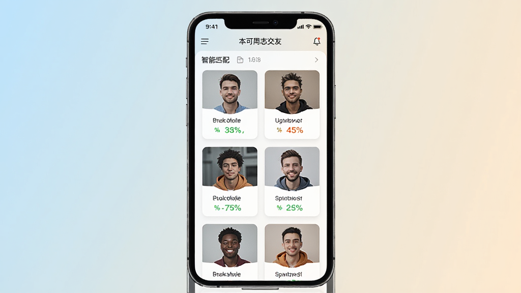 一张手机应用界面的AI生图,画面中心是一部智能手机,屏幕显示本可男同志交友软件的智能匹配页面,页面上排列着多个用户头像卡片和匹配度百分比,背景为浅色渐变,风格清新简洁,画质清晰,无多余元素