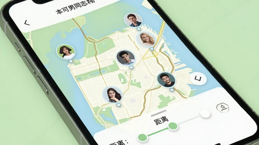一张以附近的人为主题的AI生图,画面中手机屏幕显示本可男同志交友软件的地图界面,地图上有多个用户头像标记点,底部有距离筛选滑块,背景为浅绿色调,风格清新明快,画质干净,无多余元素