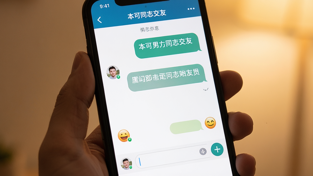 一张展示聊天界面的AI生图,画面中手机屏幕显示本可男同志交友软件的聊天窗口,窗口内有对话气泡、表情按钮和输入框,背景为柔和暖色调,整体布局清晰,风格亲切自然,画质干净,无多余元素