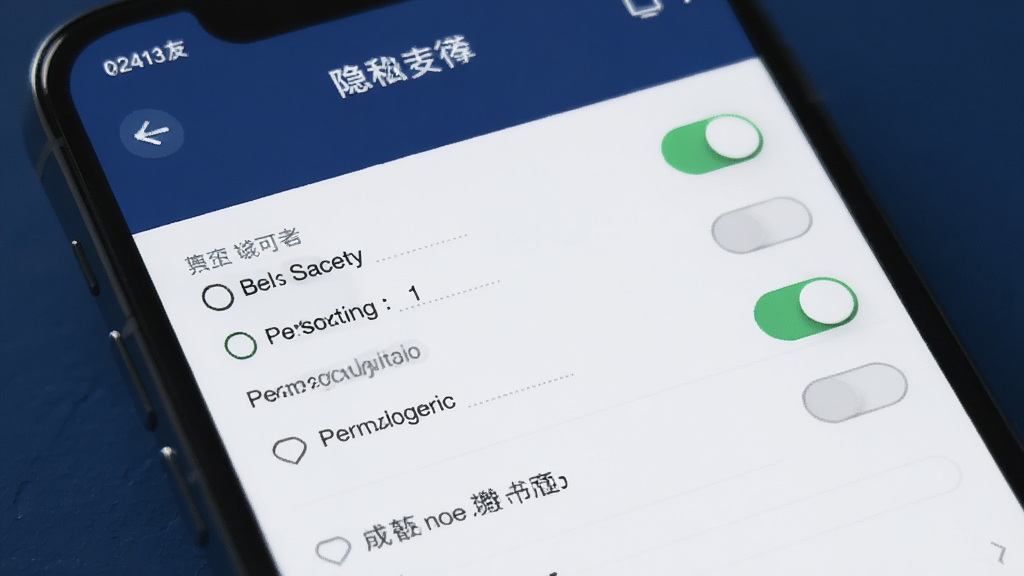 一张以隐私安全为主题的AI生图,画面中手机屏幕显示本可男同志交友软件的隐私设置页面,页面包含多个开关按钮和权限选项,背景为深蓝色调,风格沉稳专业,细节清晰,画质干净,无多余元素