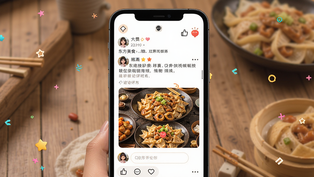 东方美食社区互动页面,主体为手机屏幕展示用户晒图动态和评论互动,布局为瀑布流图片加文字描述,排版活泼,风格亲切,细节包括点赞按钮、评论框、用户头像,画质高清,干净,无多余元素