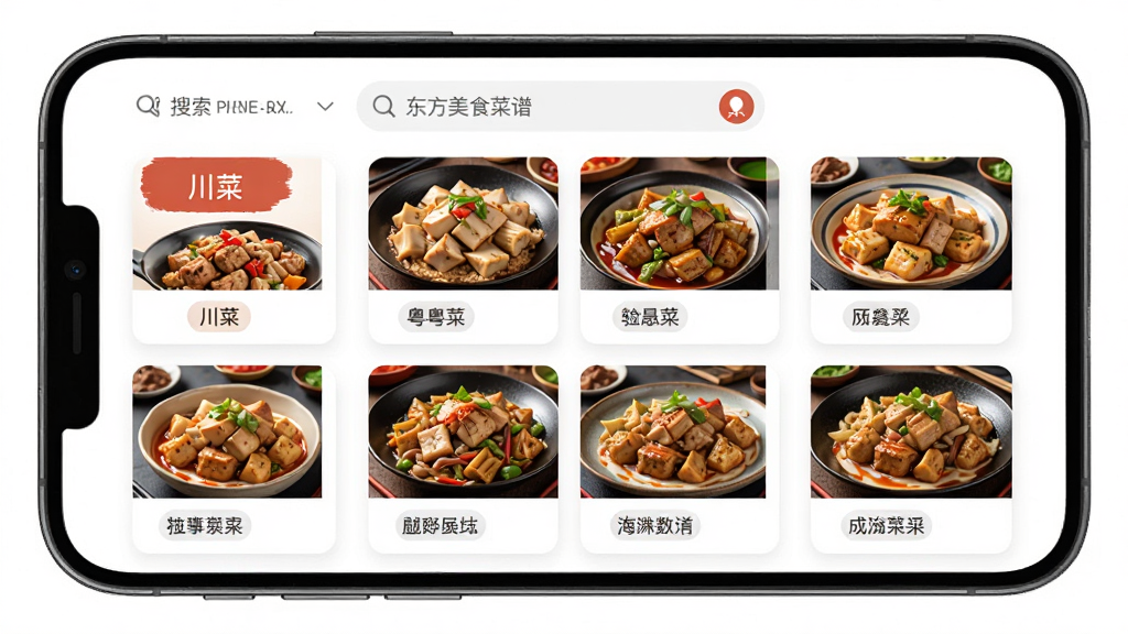 东方美食菜谱分类页面,主体为手机屏幕展示多个菜系标签和菜品网格,布局为顶部搜索栏加下方分类卡片,排版整齐,风格清新明亮,细节包括川菜、粤菜等标签和诱人的菜品图片,画质高清,干净,无多余元素