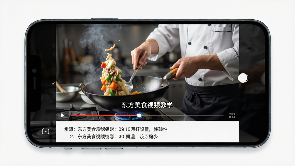 东方美食视频教学播放界面,主体为手机横屏播放做菜视频,布局为上方视频画面下方步骤文字,排版简洁,风格专业,细节包括厨师翻炒动作、字幕提示、进度条,画质高清,干净,无多余元素